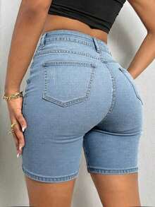 Shorts vaqueros elásticos de corte ajustado con decoración de bigotes de gato para mujer, estilo casual de verano, adecuados para vacaciones, playa, conciertos, festivales de música, creando - Lavado ligero - Ver 3