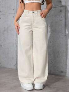 Jeans rectos y sueltos con bolsillos - Albaricoque - Ver 6
