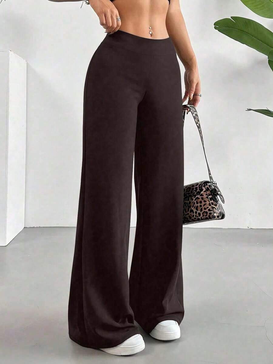 Pantalones anchos de unicolor negro versátiles y casuales para primavera - Marrón - Ver 1