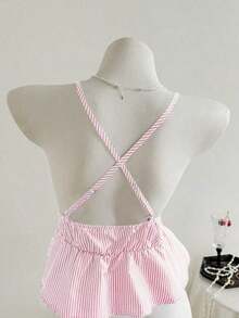 Top halter sin espalda casual a rayas, verano - Rosa - Ver 2