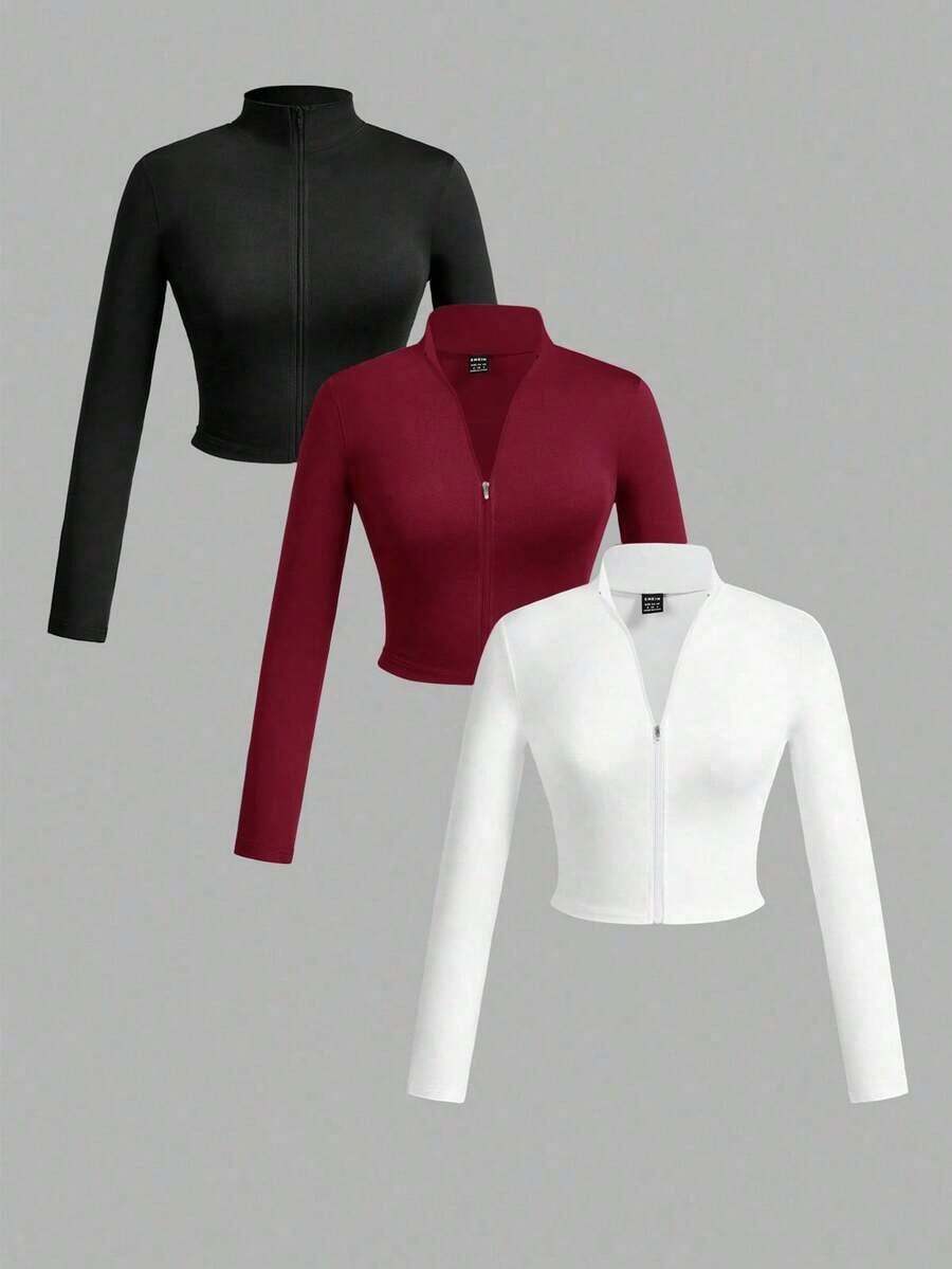 Set de 3 camisetas de manga larga con cuello en V, cremallera y ajuste ceñido, de estilo casual para otoño/invierno para mujer, en colores blanco + negro + gris - Multicolor - Ver 1
