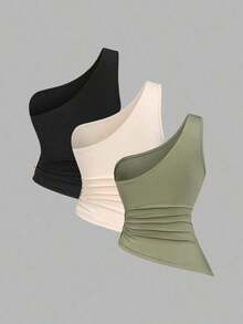 Conjunto de blusa con cuello asimétrico, un solo hombro y decoración de hebilla metálica, adecuado para vacaciones en la playa - Multicolor 8 - Ver 2