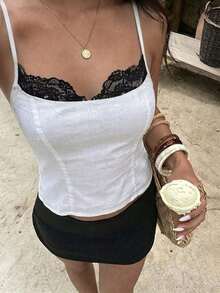 Camiseta ajustada con cuello de encaje negro, estampado de lunares blanco y negro para mujer - Multicolor - Ver 2