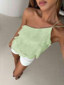 Nueva blusa elegante y romántica de primavera/verano para citas, Día de San Valentín, temporada de bodas, de gasa rosa con un hombro, espalda descubierta, volantes en capas, blusa sexy con volantes para la playa, atuendo de boda, camisa rosa elegan - verde menta - Ver 1