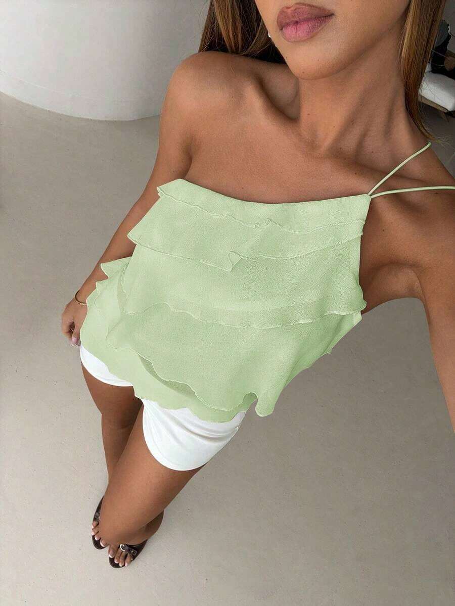 Nueva blusa elegante y romántica de primavera/verano para citas, Día de San Valentín, temporada de bodas, de gasa rosa con un hombro, espalda descubierta, volantes en capas, blusa sexy con volantes para la playa, atuendo de boda, camisa rosa elegan - verde menta - Ver 1