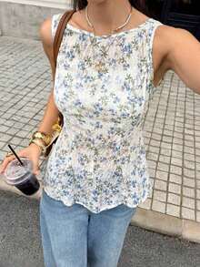 Blusa elegante sin mangas de cuello redondo y espalda descubierta con lazo decorativo, de unicolor, para verano - Azul y blanco - Ver 5