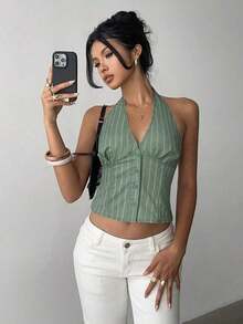 delgado de mujer de algodón con rayas, cuello alto y abotonadura sencilla, para otoño/invierno - Verde - Ver 4