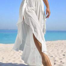 Swim Vcay Summer Outfits For Women 1pc Solid Color Ruffle Trim Sheer Beach Cover Up Pants Summer - Blanco - Ver 6