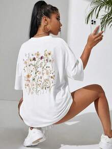 Women's Cotton T-Shirts With Beautiful Floral Cluster Print, Casual, Breathable, Soft, Short Sleeve, Loose And Comfortable Streetwear. - 白色 - 查看 6