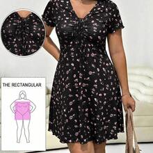 Plus Size V-Neck Short Sleeve Tie-Front Ditsy Floral Casual Dress For Women - Multicolor - Ver 9