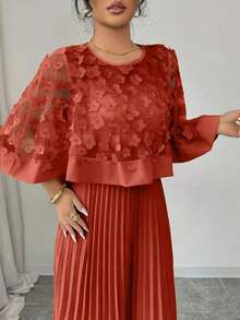 Vestido con decoración floral elegante y bajo plisado, adecuado para bodas, fiestas de cumpleaños y otras ocasiones, otoño - Rojo - Ver 5