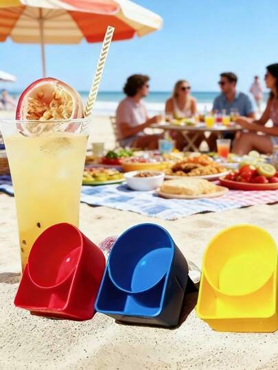 1 pieza Bandeja portavasos de playa con compartimentos para teléfono y aperitivos, portavasos de plástico apilable en varios colores, esencial para vacaciones en la playa con familia y amigos