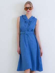 Women's Solid V-Neck Casual Party & Travel Mid-Length Dress - Blue - View 6