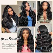 30 Inch Black Body Wave Brazilian Virgin Human Blended Hair Wig 13x4 HD Lace Front Wig 200% Density Lace Front Wigs 5x5 Glueless Pre-Cut Lace Human Blended Hair Wigs Pre Plucked With Baby Hair For Daily Wear For Halloween And Christmas Parties Gift. - Natural & Black - View 8