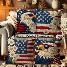 Set Of 4 American Flag Bald Eagle & Daisy Single-Sided Print Pillow Covers, Crisp 2D Printed (Non-Embroidered), Soft Polyester Cushion Cases, 45x45cm,Zipper Closure, Machine Washable, For 4th Of July Patriotic Home Decor (Pillow Insert Not Included) - Multicolor - View 7