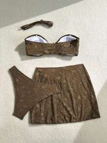 Conjunto de 3 piezas bikini bandeau con textura y adorno de estrella de mar para mujer, perfecto para el verano - Marrón - Ver 2