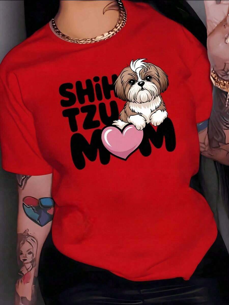 1 Piece Of Fashionable Casual Clothing For Men And Women. Featuring An Adorable Shih Tzu Dog Next To A Pink Heart, Symbolizing Love And Tenderness For Pets-Perfect For Mothers Who Love Their Dogs. Women's T-Shirt Made Of 100% Cotton. Versatile, Easy To Match, Suitable For Everyday Wear, Streetwear, Vacation Outfits, And Weekend Getaways. - 紅色 - 查看 1