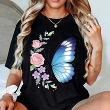 Women's Short-Sleeved T-Shirt With A Floral Print Of Blue And Pink Butterflies, A Natural And Cute Design, Breathable And Comfortable. - 黑色 - 查看 1