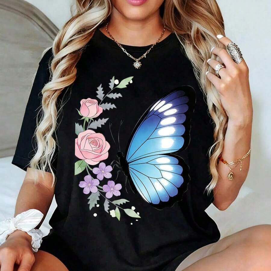 Women's Short-Sleeved T-Shirt With A Floral Print Of Blue And Pink Butterflies, A Natural And Cute Design, Breathable And Comfortable. - 黑色 - 查看 1