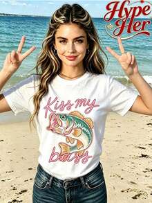 Best Seller 2026, Women's Short Sleeve Crew Neck Cotton T-Shirt With Kiss My Bass Fish Print, For Casual Or Office Wear, Modern Everyday Top, Summer Clothes For Women - 白色 7 - 查看 4