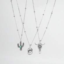 Mydear Set de 3 piezas de collar con colgante de estilo vaquero occidental vintage con cabeza de toro, cactus y sombrero de vaquero incrustados en aleación de turquesa, adecuado para uso diario y de fiesta de mujeres - traje - Ver 2