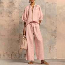 Modest Women's Knitted Fabric Blouse And Long Pants Two-Piece Outfit With Flounce Sleeves - 牛仔藍 - 查看 4