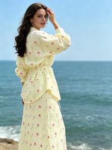 Marisole 女款優雅花卉印花長袖綁帶前襟上衣與長裙兩件套，休閒派對度假旅行穿搭，適春夏季秋季 - 彩色 - 查看 5