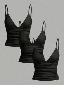 Set de 3 camisetas de mujer con lunares blancos y negros y encaje - Negro - Ver 1