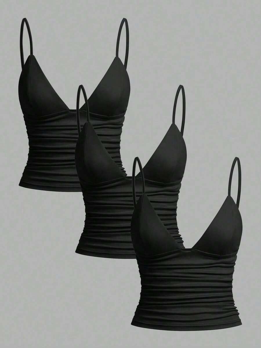 Set de 3 camisetas de mujer con lunares blancos y negros y encaje - Negro - Ver 1