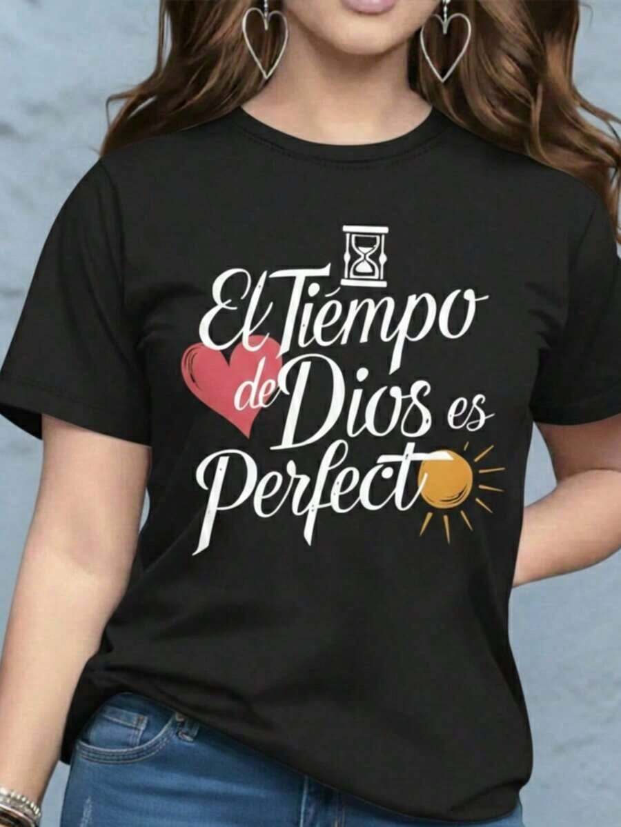 Playera camiseta blusa gráfica dama mujer estampada casual estampado love amor parejas corazon febrero corte regular material suave cuello redondo manga corta diario día noche calle casa cómoda fresca ligera moderna juvenil urbana aesthetic primavera verano playa calor y2k femenina frase religiosa tiempo de dios es perfecto letras cristiana corazón100% Cotton - Negro - Ver 1