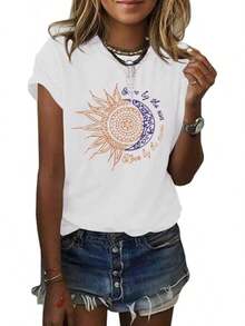 1PieceFashionCasualForMenAndWomenMaQiYaWomenGraphicTeeSummerVintageShortSleeveCottonMoonandSunPrintedTShirtTop Versatile, Easy To Match, Suitable For Daily Wear, Urban Style, Holiday Outfits, Weekend Outfits. - 白色 - 查看 1