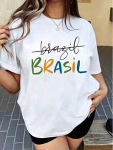 Camia de la Copa Mundial de Brasil – Diseño Brasileño, Estampada, para Mujer, Primavera/Verano. Ideal para el Día Nacional de Brasil y diversos eventos culturales. Diseño de manga corta, estilo básico, versátil y perfecto para crear looks diarios y estilizados. Top de verano para mujer, casual y cómodo. Transpirable y confortable. - Blanco - Ver 3