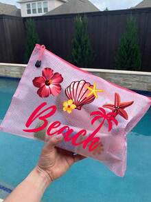 多色防水時尚網格沙灘包，印有「Beach」字樣的化妝包，羽毛花朵、朱槿、海星、貝殼和珍珠元素，大容量透明化妝包，尼龍拉鍊盥洗包，輕巧，可存放防曬霜、零食、比基尼和沙灘必需品，適合送給朋友、家人、閨蜜、同學的生日、節日、派對、婚禮（伴娘）、教師節禮物與紀念品，郵輪必備，夏季度假禮物 - 彩色 - 查看 4