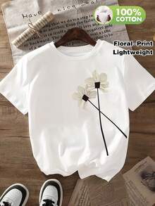 Camiseta manga corta cuello redondo 100% algodón, estampado trendy, tejido ligero y ventilado, estilo moda casual, apta para vida diaria, salidas informales y citas en primavera, verano y otoño - Blanco - Ver 1