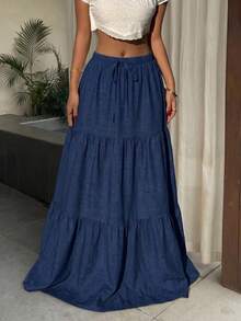 Solid Color Casual Beach Vacation Ruffle Hem Skirt - Royal Blue - View 3
