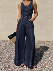 Mono vaquero de pierna recta holgado con tirantes ajustables y sin mangas para mujer, para el verano - Azul lavado oscuro - Ver 4