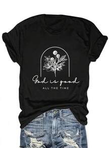 Women's T-Shirts 100% Cotton 2026Floral Letter Printed Women'S Summer Fitted Round Neck T-Shirt Korean Style - Black - View 6