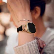 Women's Genuine Leather Band For Versa 4/Versa 3/Sense 2/Sense - Diamond C-Shaped Gold Buckle Design - Comfortable Sweat-Resistant Ultra-Thin Band - Fashionable & Versatile, Multiple Colors Available - Fits 5.5-8.3 Inch Wrists, Suitable For Business/Date/Wedding/Party/Daily Wear - Ideal Women's Gift, Premium Replacement Band Accessory - Black With Gold Buckle - View 4
