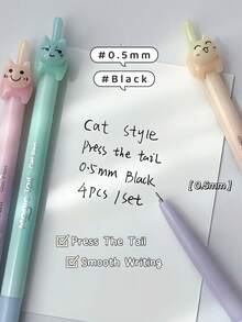 4pcs Cute Wiggly Kitty Tail Click Gel Pen, 0.5mm Needle Point Black Ink Pen, Quick Dry Smooth Writing, Retractable Press Design, Freely DIY The Kitten Suitable For Long Time Writing, Calligraphy And Homework - Gel Pen - View 4