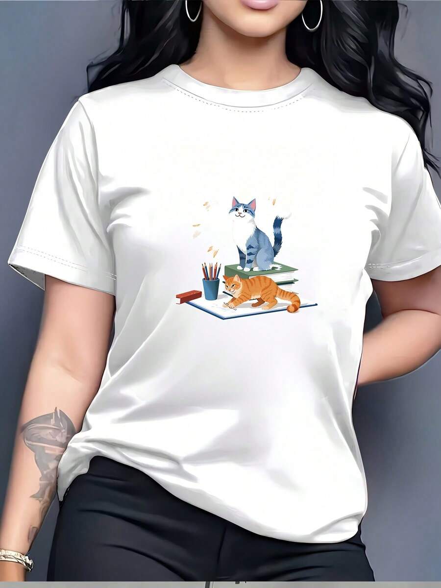 Pure Cotton Cat Print T-Shirt, 180 Grams, Summer Style For Women, Short Sleeve Shirt With Cute Design, An Ideal Gift For Friends Or Family, Suitable For Parties Or Team Building Activities, Fashionable Top For Women. - 白色 - 查看 1