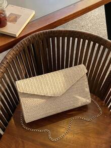 1pc Summer Design New Women's Clutch Bag, Shoulder Diagonal Chain Envelope Bag, Straw Woven Vacation Bag, Casual Chic Striped Design Elegant Popular Bag, Suitable For Beach Vacation, Beach Outing, Etc. - Beige - View 4