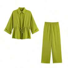 Conjunto de 2 piezas para mujer, unicolor, blusa casual holgada con cuello vuelto y cordón, manga 7/8 + pantalones de pierna ancha con cintura elástica, para verano - Verde Oliva - Ver 7