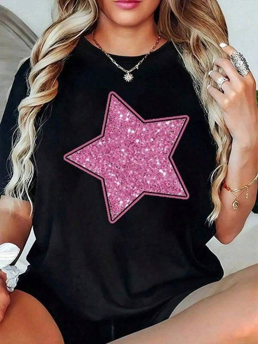 Special Offer On Plus Sizes: 1pc Women's Short-Sleeved, Crew-Neck Athletic T-Shirt, 100% Cotton, 180g. Designed By A Y2K Artist In The Bababask Style, Ideal For Everyday Wear, Parties, And All Kinds Of Celebrations. Featuring A Stylish And Modern Letter Print, It's Perfect As A Gift Or For Couples To Coordinate, And Can Be Worn Any Time Of Year. - 黑色 - 查看 1