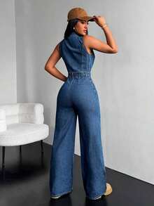 Mujeres Mono de denim sin mangas para el trabajo en verano con cierre de botones y bolsillo con solapa - Azul - Ver 4