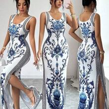 Elenzya Exquisite Printed Chinoiserie Waist-Cinching Slit Luxurious Retro Middle Eastern UAE Style Robe, Tight Fit, Multi-Color, Sleeveless, High-Quality Material Luxury Dresses For Women Best Selling Dresses Club Outfits For Women Dress Long Dresses For Women Bodycon Bodycon Dress Women - Multicolor - Ver 2