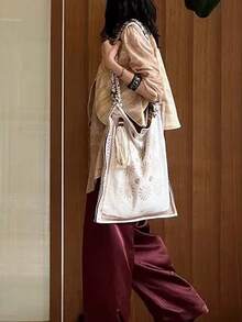 Mẫu mới năm 2026, túi xách đeo vai phong cách Bohemian bằng vải lanh, dung tích lớn, dành cho nữ. - Màu be - Xem 2