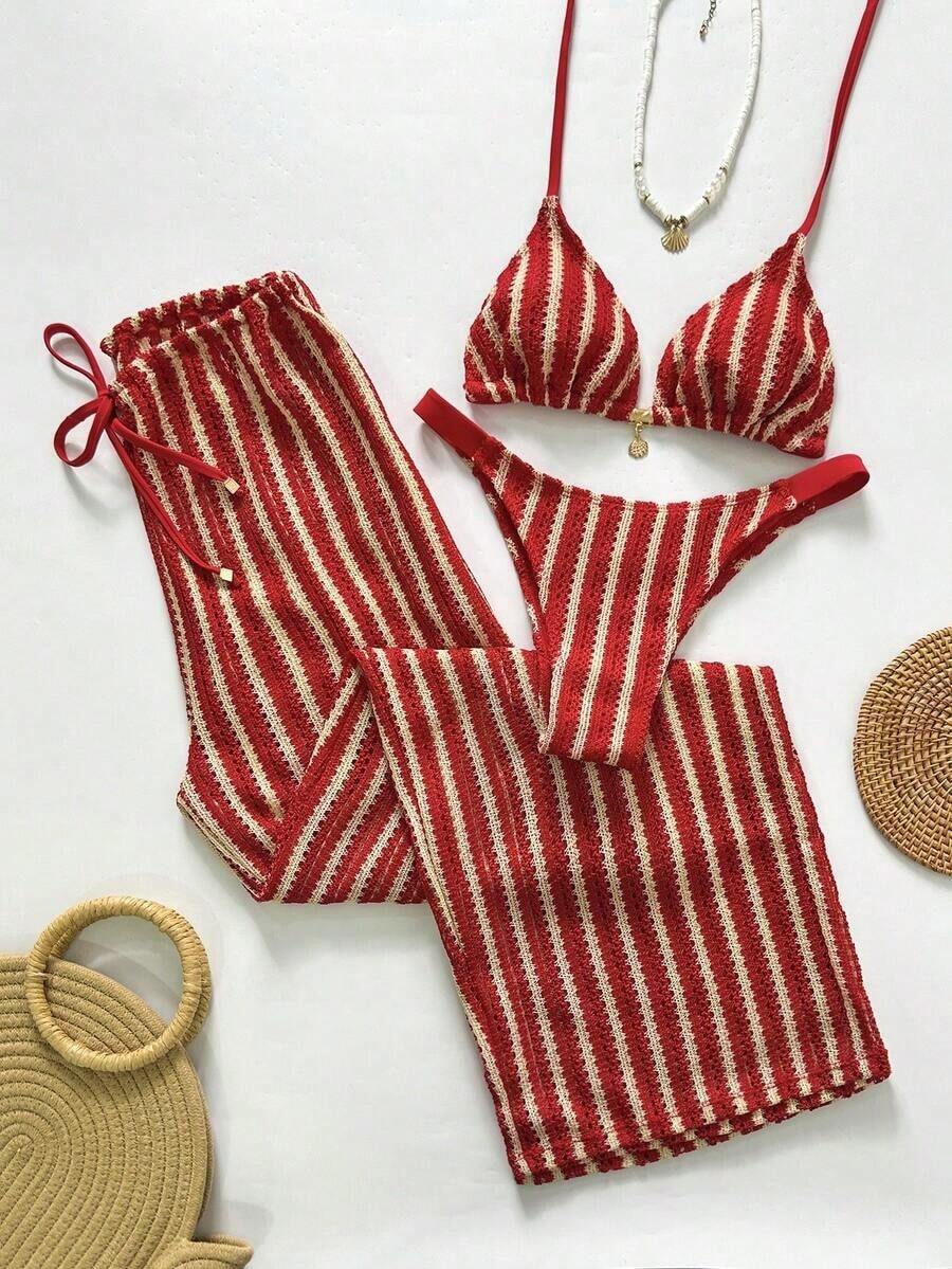 Swim Chiccia Conjunto de bikini a rayas sexy para mujer con pantalones, nueva llegada de trajes de baño para mujer 2026, adecuado para la escuela, vacaciones, citas, té de la tarde, estilo occidental, cruceros, playa, isla, viajes por carretera, todas las estaciones, festivales de música, vacaciones bohemias, vacaciones bohemias, otoño relajado, estilo occidental bohemio, blusas elegantes para mujer - Rojo - Ver 1