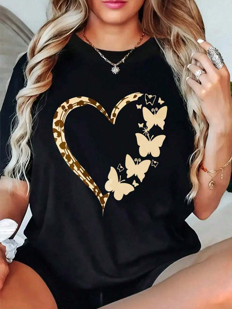 Camiseta de algodón con cuello redondo y estampado gráfico para mujer, opciones en negro y blanco, diseño de corazones, mariposas, leopardo y estrellas, ropa casual, camisetas holgadas de manga corta para primavera, camisetas básicas de moda de verano, ropa de regalo para mujer. - Negro - Ver 1