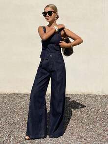 Conjunto de top con peto de mezclilla y pantalones anchos y sueltos de mezclilla casual para mujer - Azul lavado oscuro - Ver 4