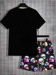 Conjunto de camiseta de manga corta y pantalones cortos con estampado de calavera para hombre, conjunto de vestir casual de verano - Negro 2 - Ver 7